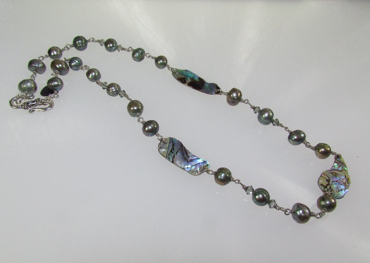 Green Freshwater Pearls with Abalone Links Necklace