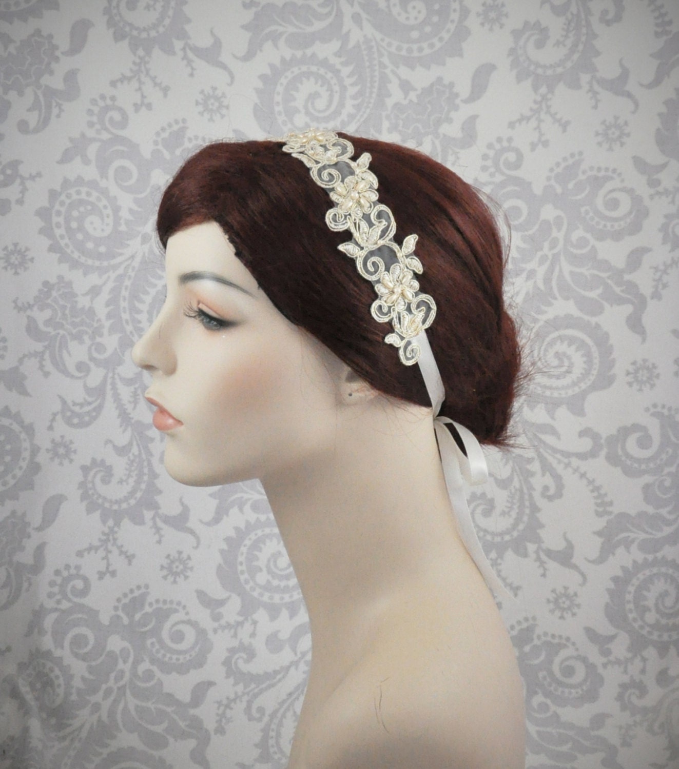 Champagne Lace Beaded Headband with Satin Ribbons, Bridal Lace Headband in Ivory, White, Champagne, or Black Boho Headband.