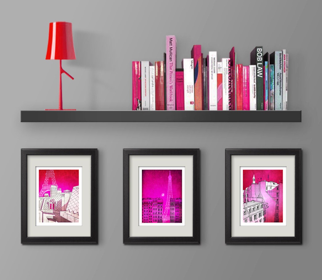 Three 5x7 illustrations - Pink Paris - Paris art illustration print,Paris decor,Love,pink,France,French fine art