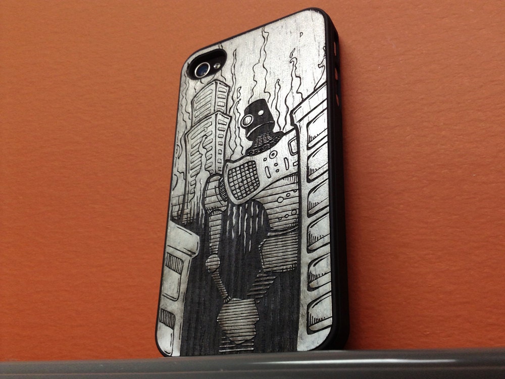 Monochrome Robot Doom Engraved Wood Matte Black Case for iPhone 4/4S, iPhone 5, Samsung Galaxy S3 and Galaxy S4