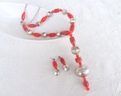 Orange Glass Beads Necklace,Earring Set , OOAK Feminine  Necklace, Valentines
