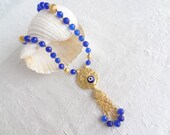 Cobalt Blue Agat Necklace, Gold Plated Necklace, Luck Evil Eye Pendant, OOAK, Feminine,  Valentines,