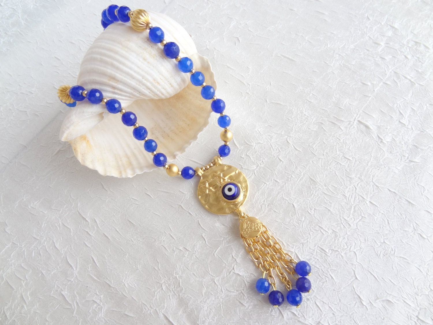 Cobalt Blue Agat Necklace, Gold Plated Necklace, Luck Evil Eye Pendant, OOAK, Feminine,  Valentines,