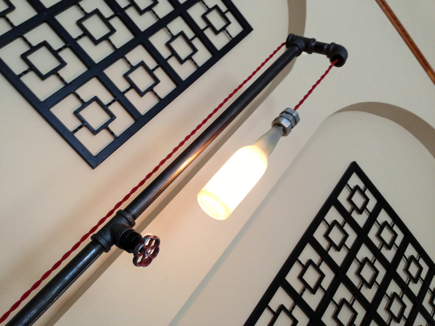 Industrial Floor Lamp - Beer Bottle Lighting - Steampunk Furniture - Pipe - Industrial Lamp