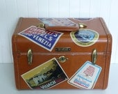 Vintage Samsonite Train Case with Travel Stickers, Makeup Travel Suitcase,  w/Mirror - Vintage Home and Travel Trailer Decor