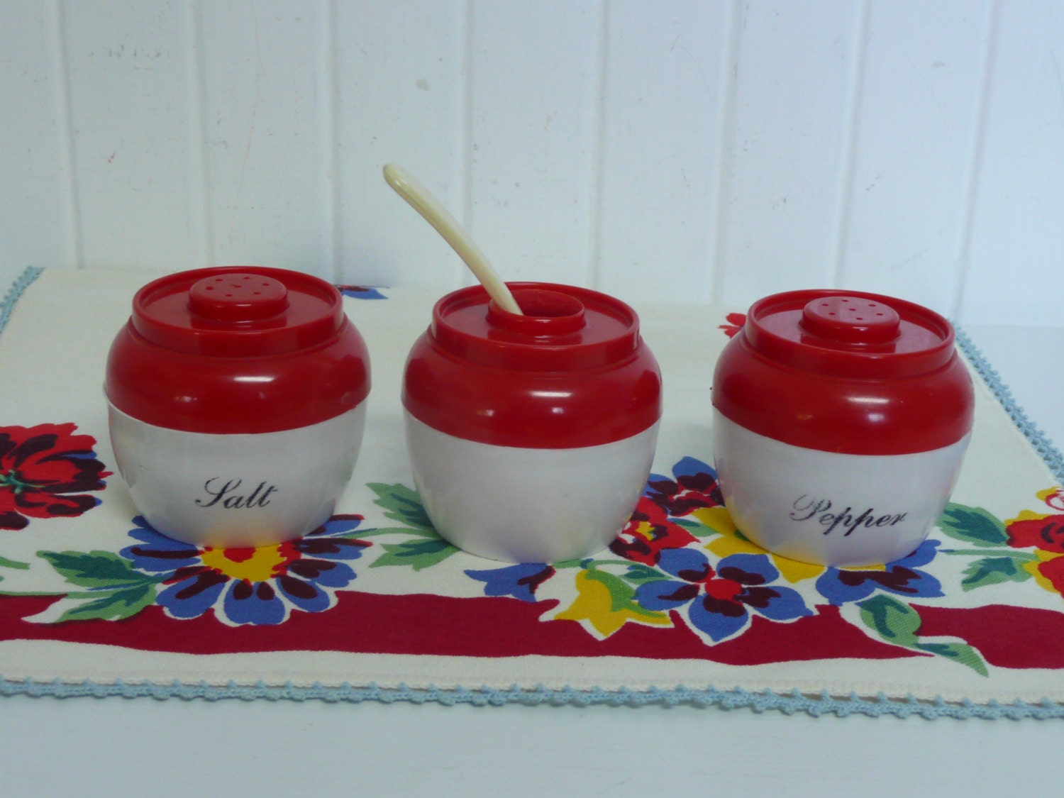 Vintage Condiment Set, Red and White Plastic, Jam and Spoon, Salt and Pepper, Like Lustro Ware
