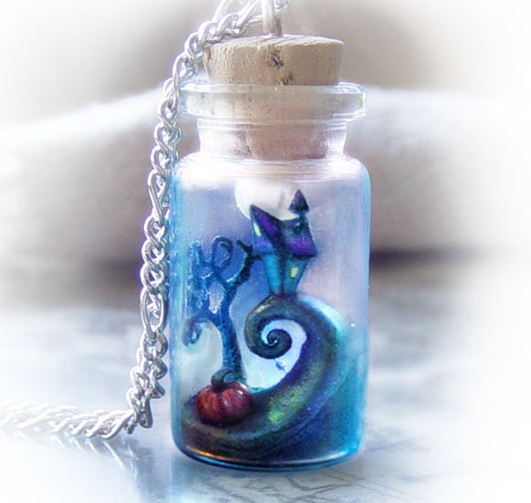 Tim Burton inspired vial necklace, Nightmare Before Christmas -like scene in a bottle