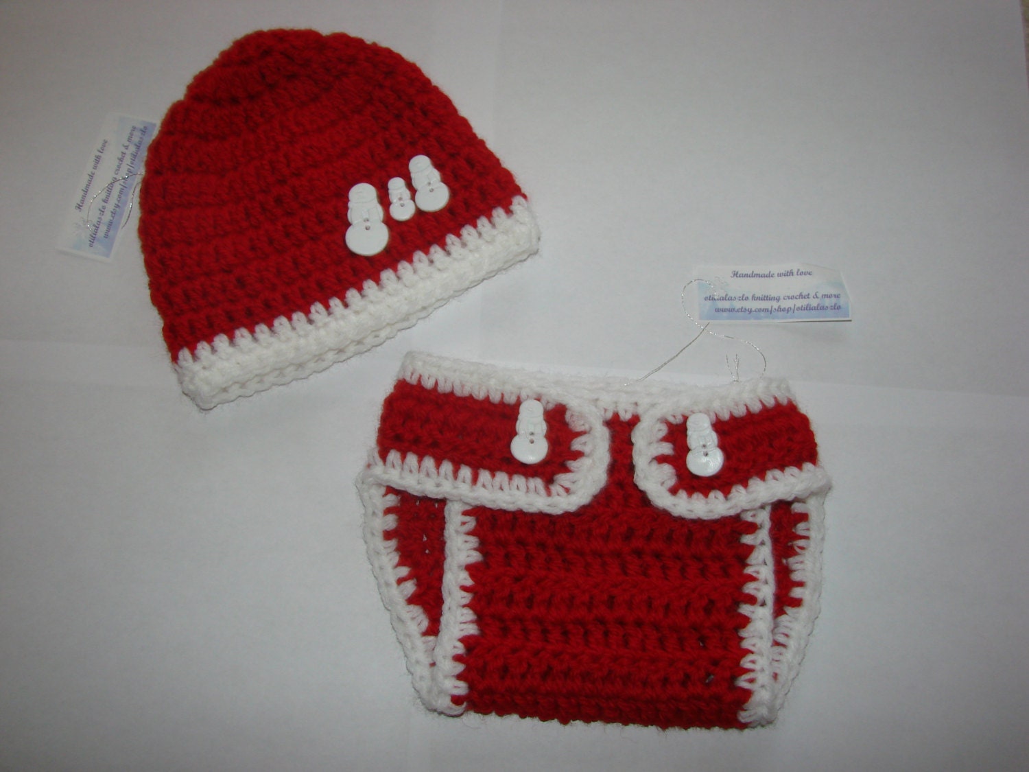 First Christmas Baby boy diaper cover hat set crochet white red snowmen buttons soft wool 0-4M Photo prop shower gift