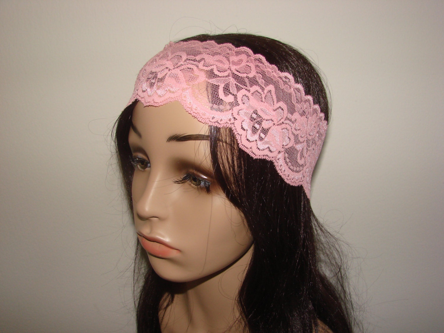 Beautiful elegant pink thin 3" stretch lace headband, Spring Summer skinny Headband, boho elastic flower lace headband Teen Adult