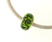 big hole bead - silver core - handmade lampwork - green with scrollwork