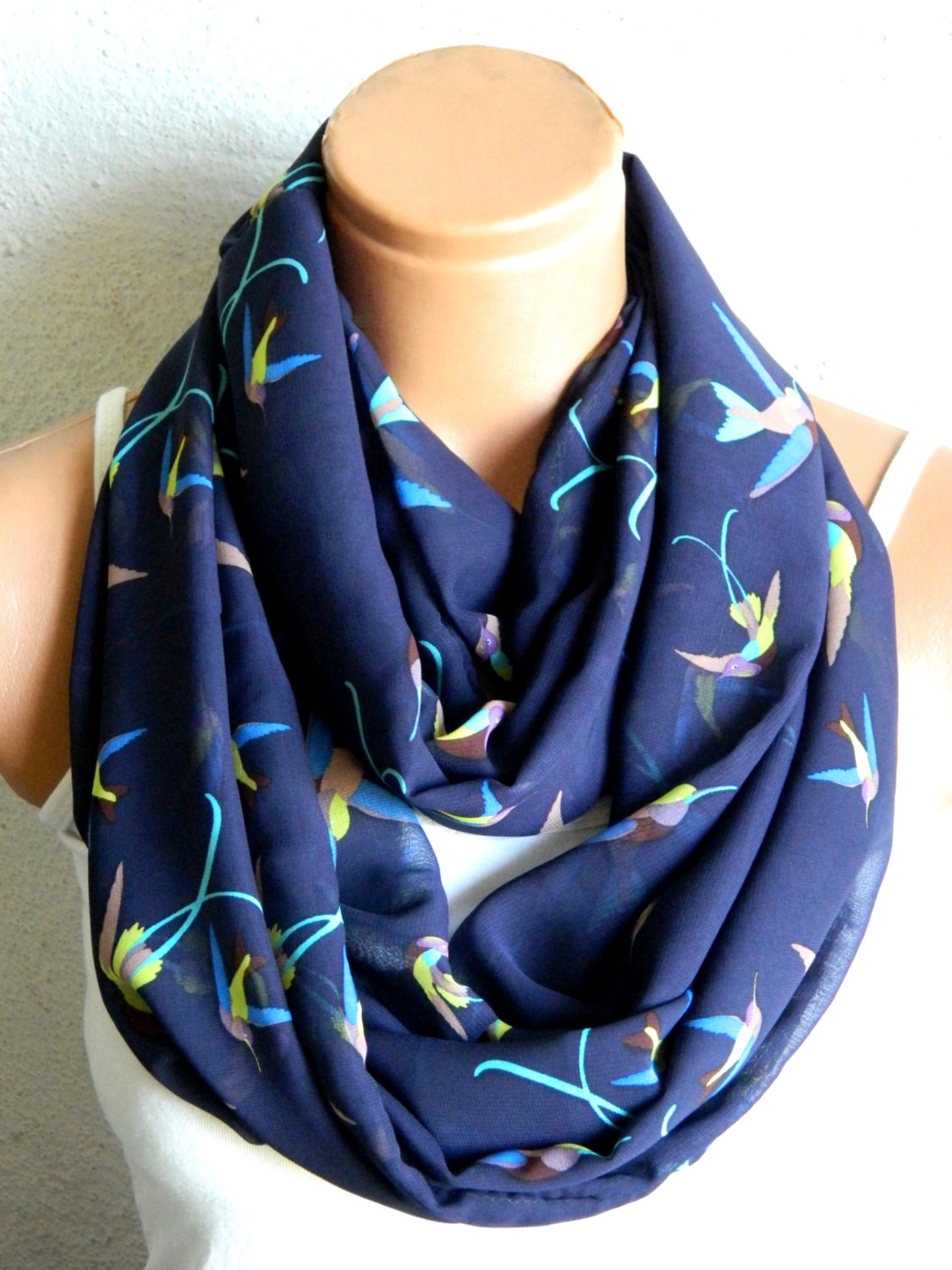 Nomad Tube Infinity Scarf ,Navy Blue, bird pattern,chiffon fabric Loop Infinity Scarves. Circle Scarf ,Womens Accessories.