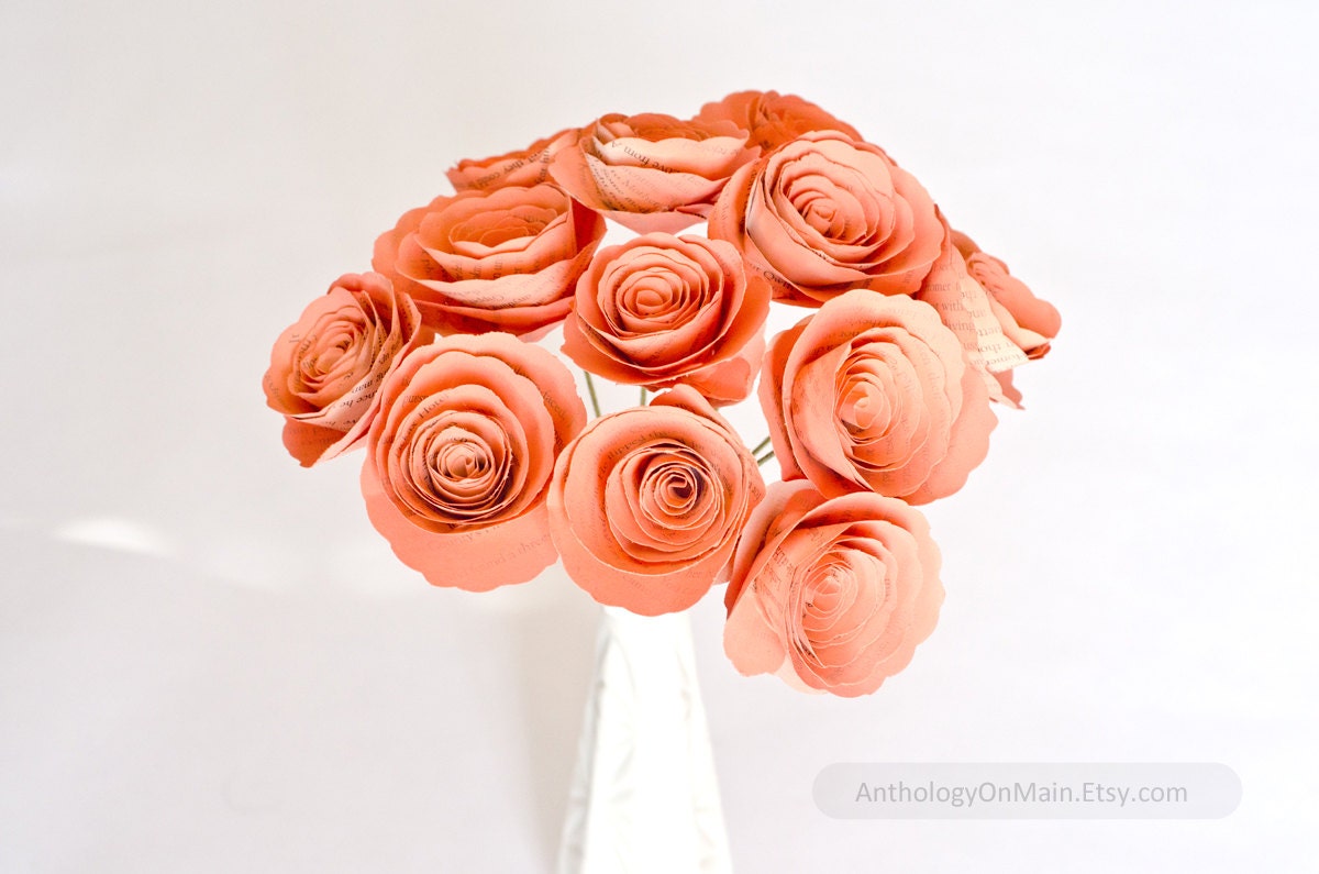 Book Page Single Stem Bouquet - One Dozen (12) Flowers in your CHOICE OF COLOR - Eco Friendly Upcycled Home Decor