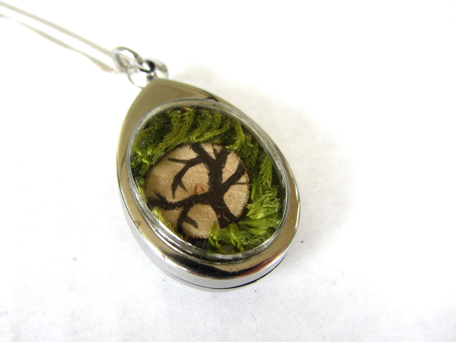 Woodland Fairy Terrarium Necklace, Moss,Tree slice, accessories, womens, jewelry, Oval Pendant, Wood, Preserved