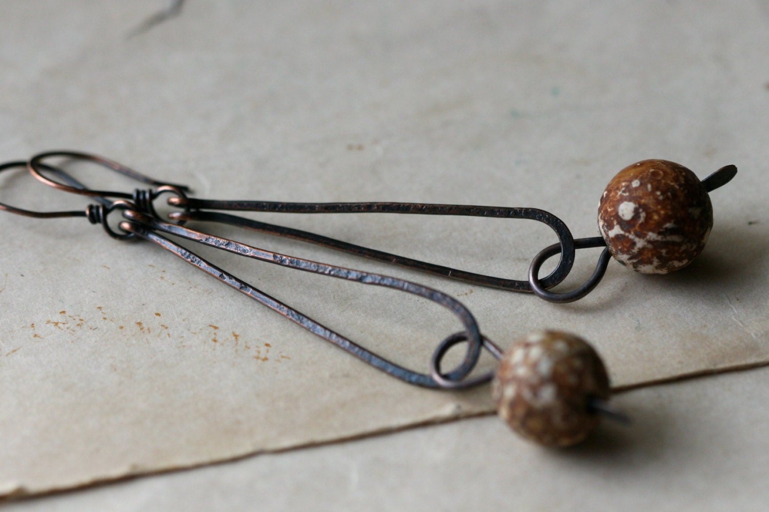 Wood Agathe earrings-Dangling,Natural,Rustic,Earthy,Rustic Jewelry,Organic, Stone on Plain Hoops, Boho, Brown,Solid Copper,Earth