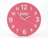 Wall clock for kid's room with your choice of words on it Pink color  birch wood  hand painted