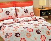 Custom Queen Size Pumpkin Orange Brown Coral Red Daisy Bedding Set  with Orange Sheet and 4 pillows , 6 pcs