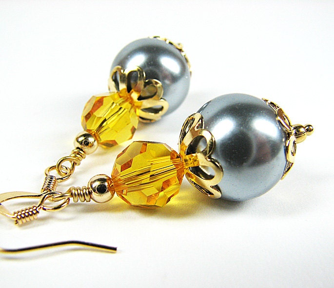 Yellow and grey dangle earrings Swarovski crystal and glass pearl earrings Prom bridal wedding jewelry Beaded bridesmaid jewelry Mothers Day