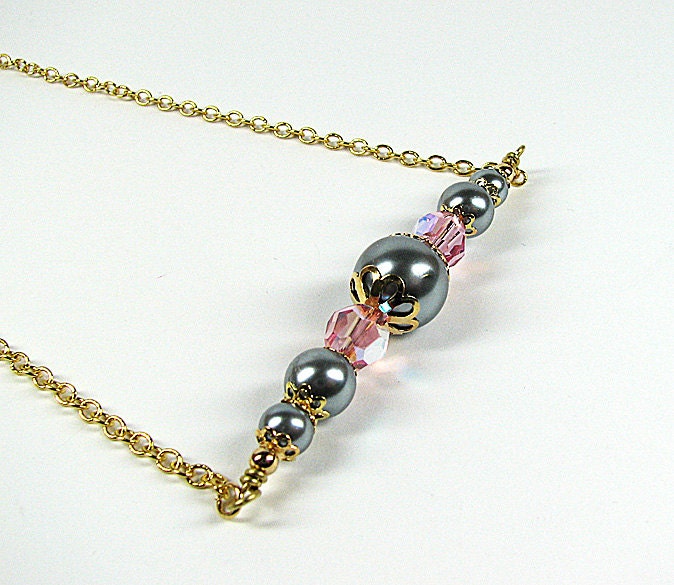 Grey and pink bar necklace Swarovski crystal and glass pearl beaded jewelry Wedding prom bridesmaid bridal jewelry Mothers Day