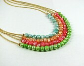 Multistrand pearl necklace Bright pastel yellow, coral, lime green, blue beaded necklace Multi strand freshwater pearl beaded jewelry