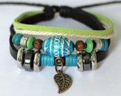 072 Handmade Black leather bracelet Fashion bracelets Charm jewelry woman gift cuff Metal bead and leaf