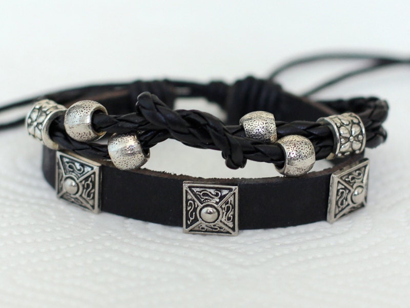 023 Handmade Black leather bracelet, Cuff jewelry, Fashion gift, Leather rope woven,woman bracelet