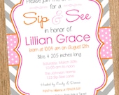 Girl Sip and See Shower Printable Invitation, Personalized Baby Girl Sip and See Pink, Orange and Gray Chevron