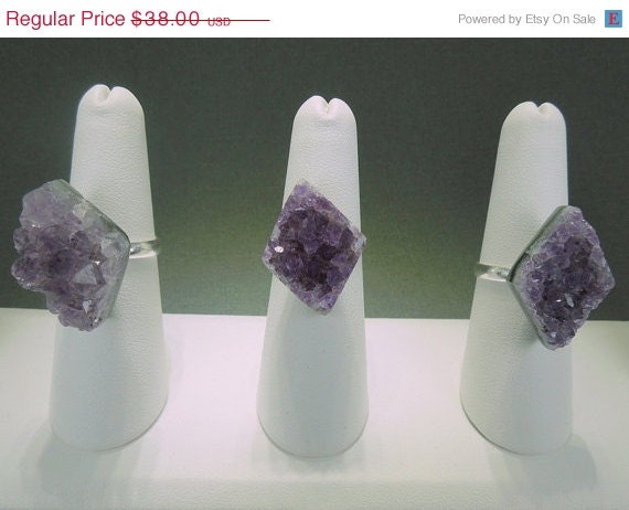 Memorial Day Sale Raw Amethyst Druzy Drusy Druzzy Cluster Diamond Shape ring on an adjustable silver layered band