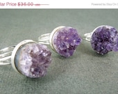 Memorial Day Sale Raw Amethyst Druzy Drusy Druzzy Round Cluster ring on an adjustable silver layered band