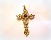 Large gothic cross Avon signed vintage crucifix, red glass cabochon