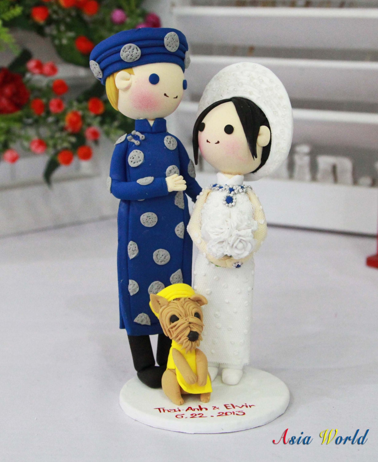 Wedding cake topper  Ao dai clay doll,Vietnam Traditional wedding clay couple & cute dog clay miniature, Engagement clay figurine decoration