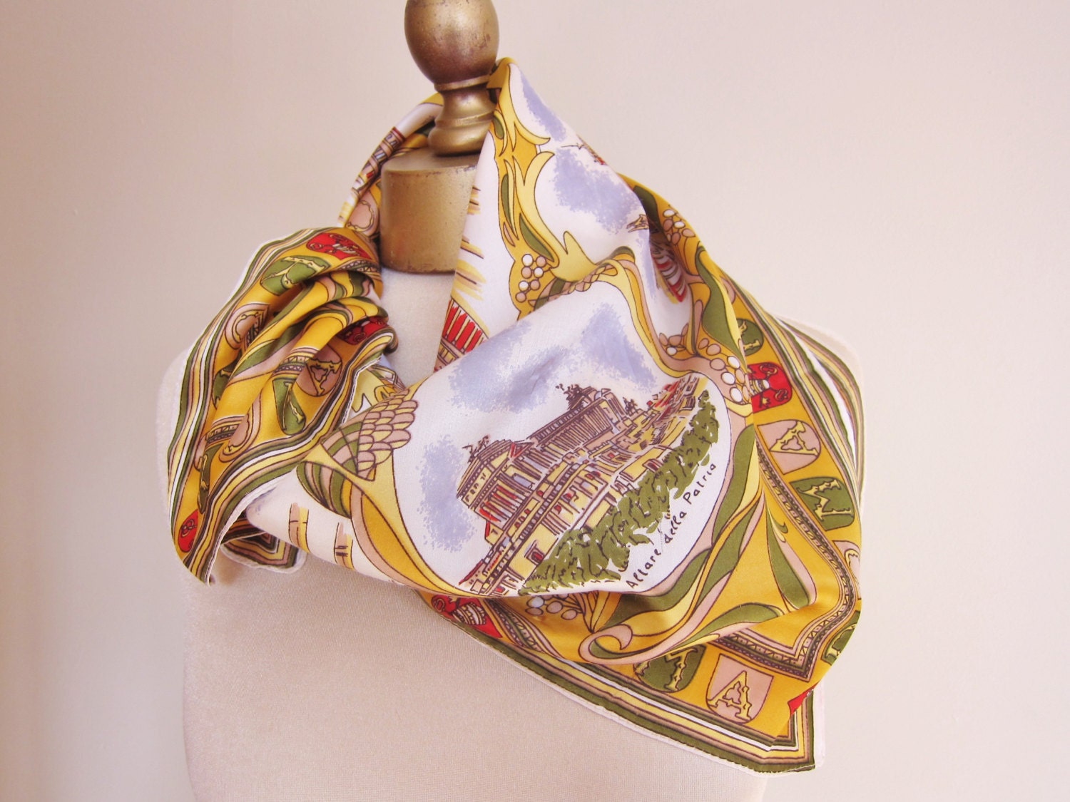 Vintage souvenir scarf / Rome / marigold yellow / Roma / 70s / shiny