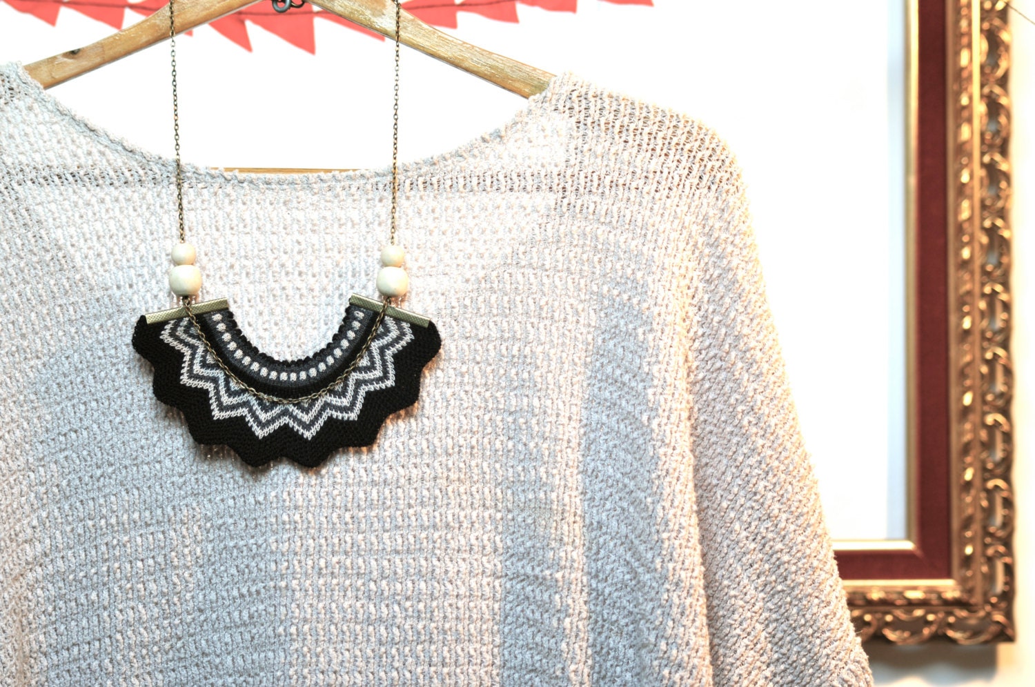 Chevron Crown - knitted monochrome statement necklace with chain and bead detail