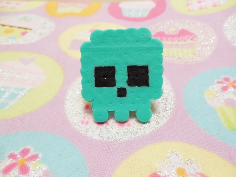 Baby Blue Perler Bead Skull - Ring w/ Adjustable Base