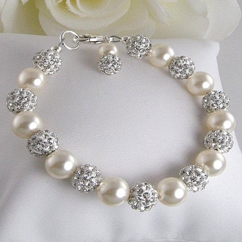 Ivory Pearl and Crystal Pave Bridal Bracelet, Crystal Ball Bracelet