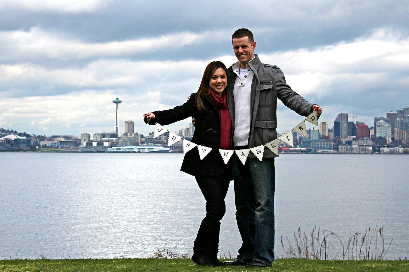 Wedding banner, Just Married banner.  Vintage sheet music design, photo prop for bride and groom.  Medium handmade banner.