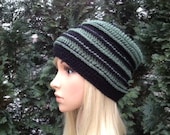 Crochet Ripetide Beanie in Thyme Green and Black, Crochet Green and Black Riptide Hat