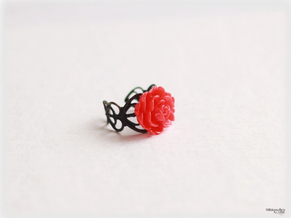 Red rose ring - gothic adjustable filigree lucite cabochon bridesmaid gifts for her fantasy vintage victorian style jewelry