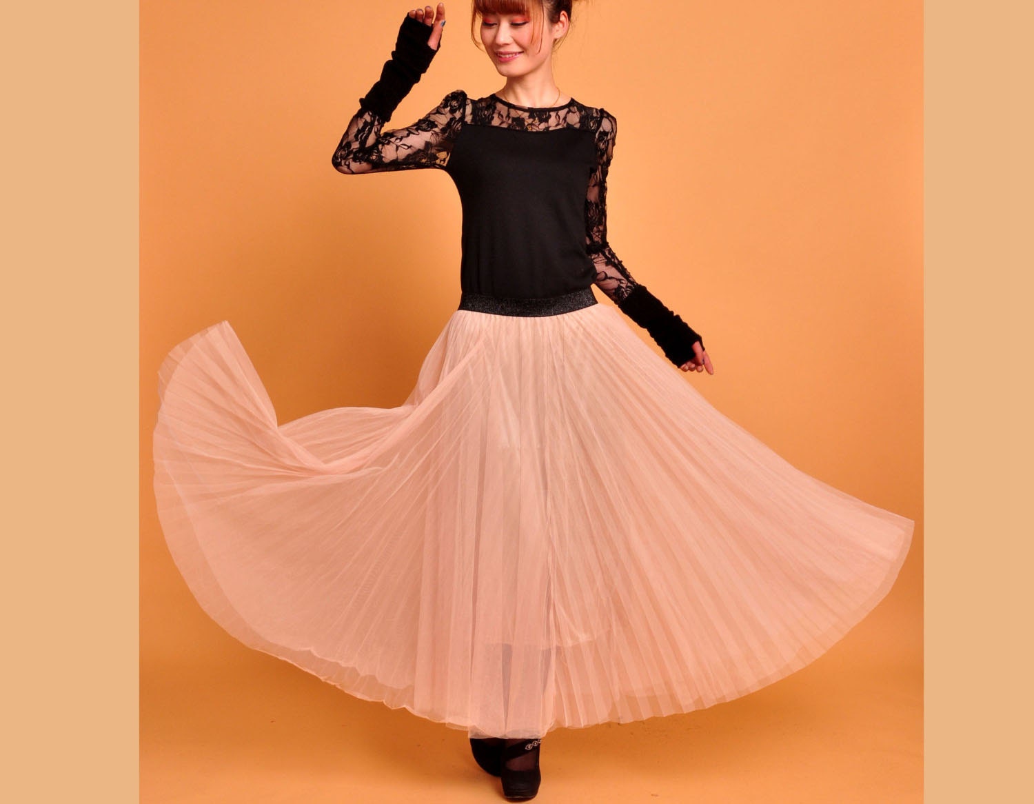 chiffon maxi skirt-------360 degree Pleated  Bohemian skirt beach skirt beige pink  skirt long  skirt