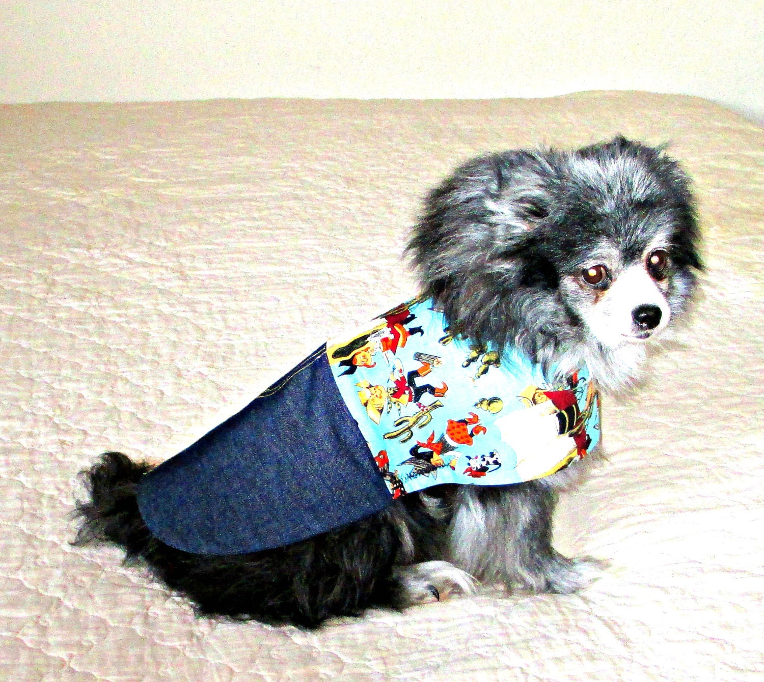 Western Dog Clothes for Small Sizes - One-piece Multicolored Cowboy Shirt & Indigo Jeans Pomeranian Poodle
