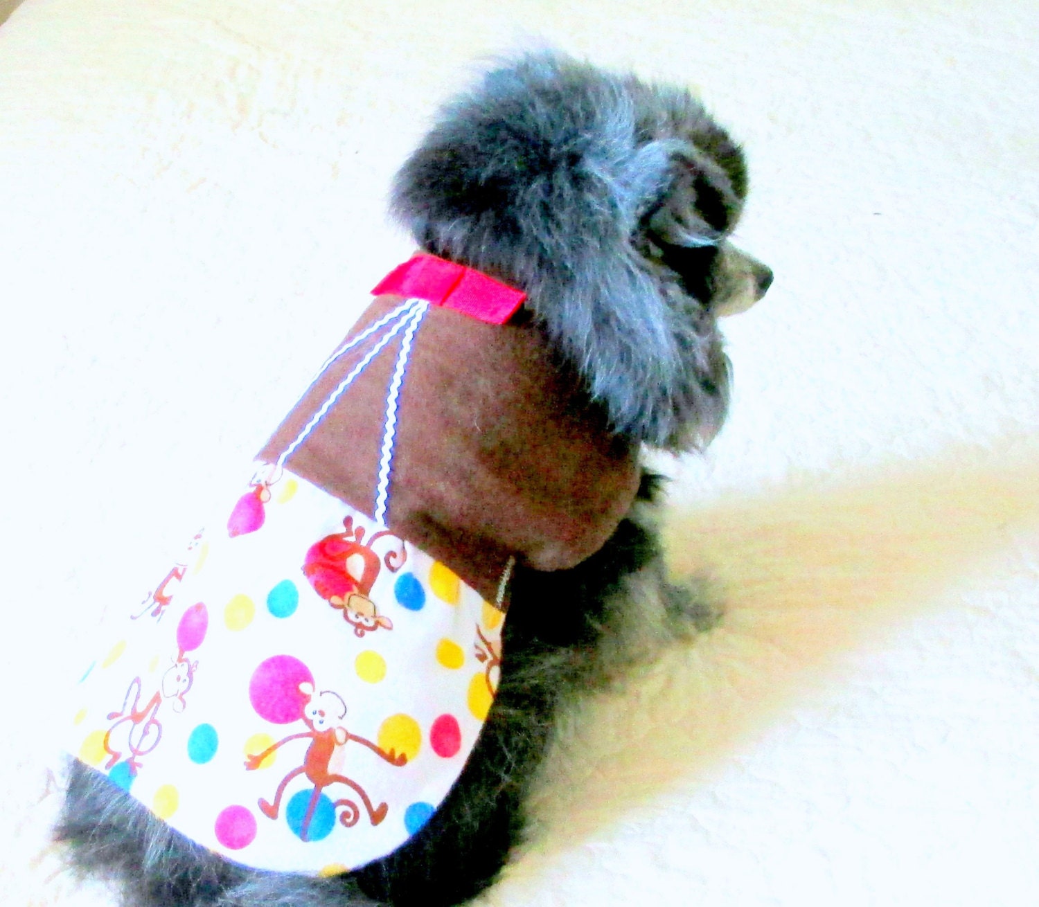 Flannel Dog Dress Made to Order for Small Sizes - Chocolate w/Trim and Skirt with White, Chocolate, Blue and Red