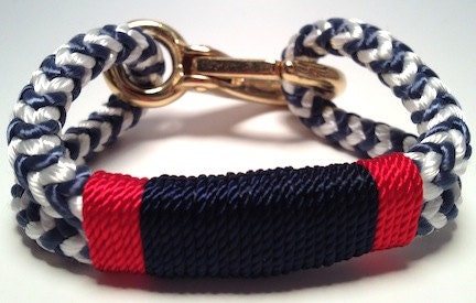 Blue & White Nautical Rope Bracelet with Navy  and Red Wrap and a Bronze Clasp