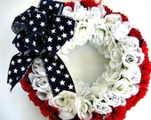 Patriotic holiday wreath with white roses, red carnations and a navy velvet ribbon with white stars (J11)
