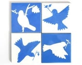 Ceramic Tile Coasters Set Of Four Blue And White Flying Nesting Birds