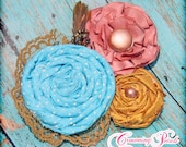 Coral, Turquoise, Mustard Headband, Hair Accessories, Fabric Flower Hair Bow, Baby Girl's Hair Clip, Newborn Headband, Brooch