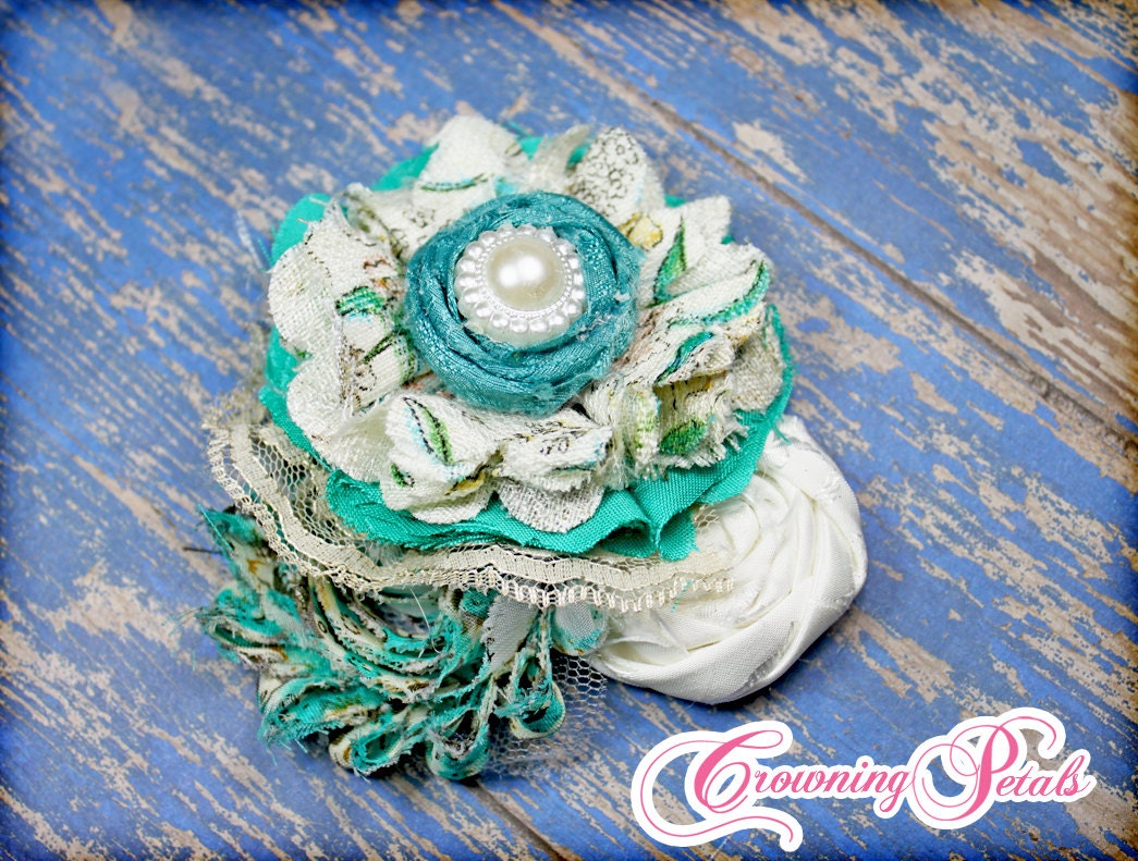 Mint Green, Turquoise, Cream, Ivory Headband, Hair Accessories, Fabric Flower Hair Clip, Baby Girl Hair Bow, Shabby Chiffon Bow, Brooch