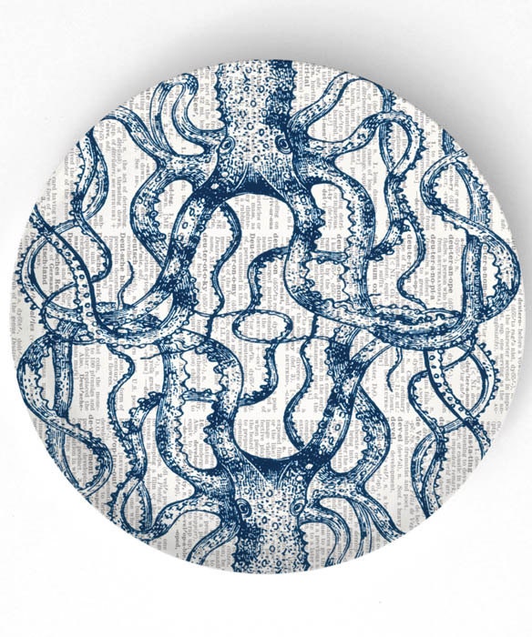 Octopus - Two Octopuses with vintage dictionary background on 10 inch Melamine Plate