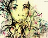 6x4 inch illustration abstract art, portrait art,matted art print,art reproduction,artwork of a city dream catcher and a person.Signed