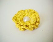 Crochet Marigold Yellow Ruffled Flower Brooch with White Pearl Center - Layered Crocheted Flower Accessory for Hats or Scarves