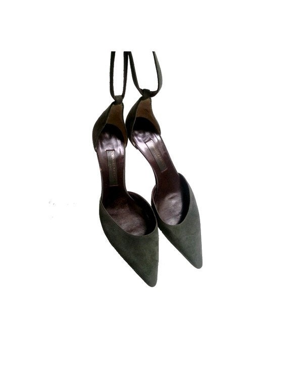 CHARLES JOURDAN 90s SHOES  pointed toes / ankle bar/ grey suede leather heels fr37 us 6