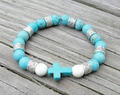 Beaded Cross Stretch Bracelet in Turquoise Blue and White - Stackable Bead Bracelet - Christian, Teachers, Birthdays, Mother's Day, Gifts
